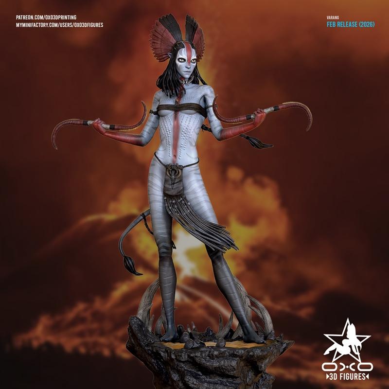 Varang 3D model figure from Avatar, standing on a rocky base, with blue and white striped skin, red tribal markings,...