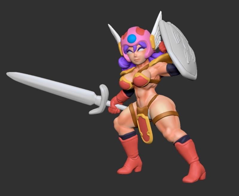 Muscular female warrior from Dragon Quest 3, holding a sword and shield, wearing a winged helmet and revealing armor.