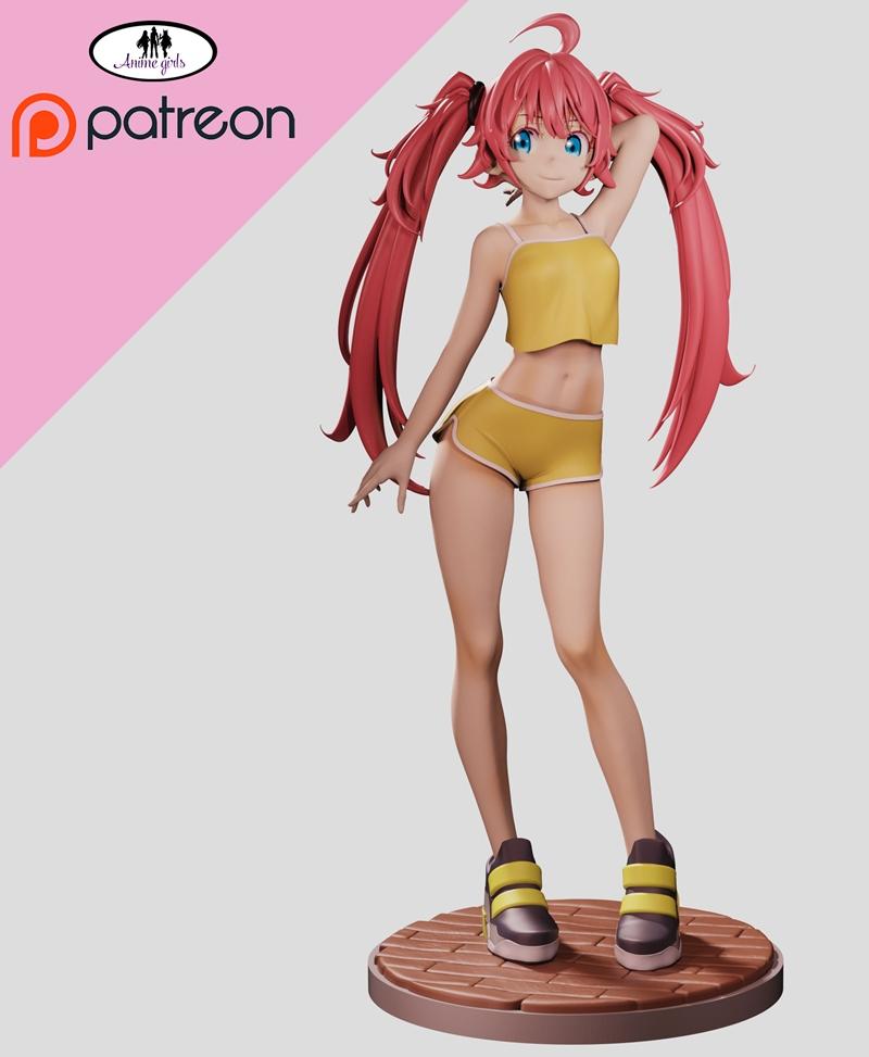 Anime girl Milin v2 with pink twintails, blue eyes, wearing a yellow crop top and shorts, standing on a wooden base....