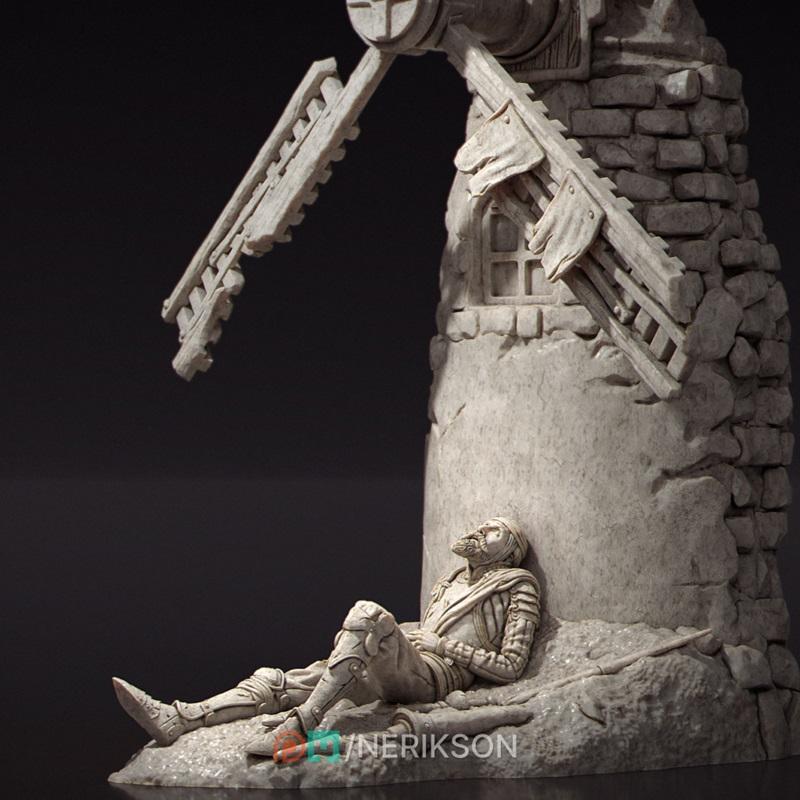 3D model figure of Don Quixote resting against a stone windmill, wearing armor, with a broken lance nearby.