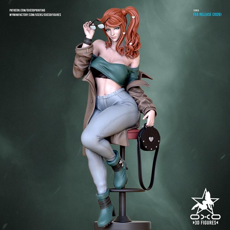 3D model of Sonia, an original character, seated on a stool, holding glasses and a handbag. She wears jeans, a crop t...