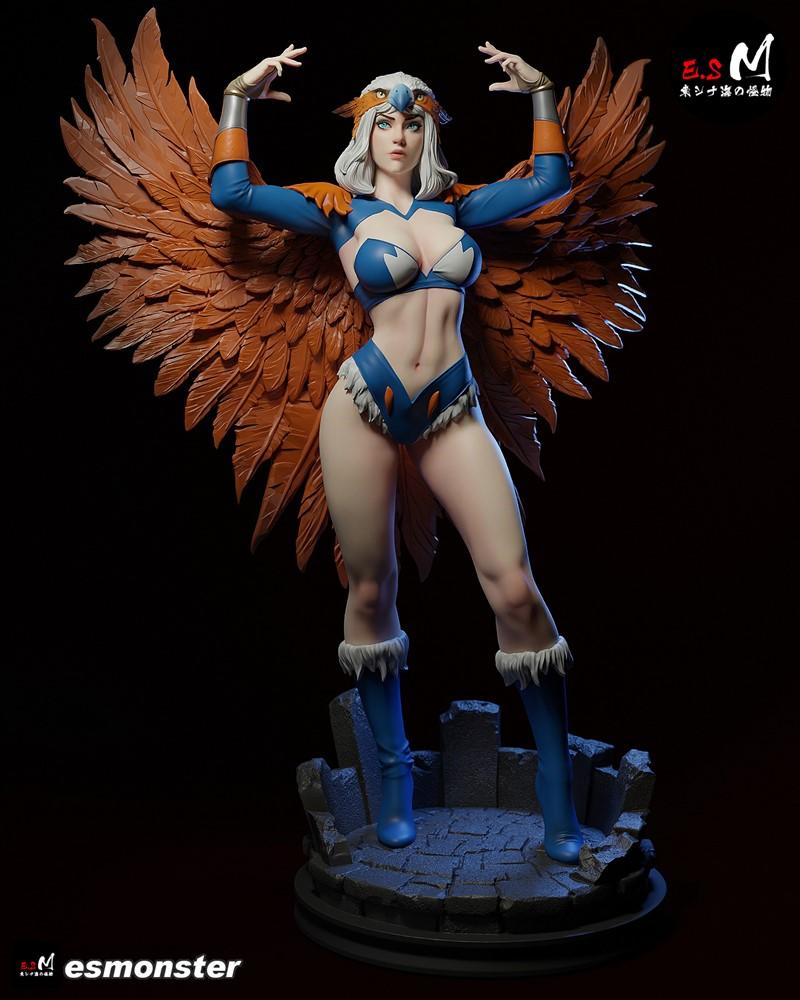 Sorceress of Castle Grayskull figure by E.S Monster, wearing blue and white avian-themed outfit with large orange fea...