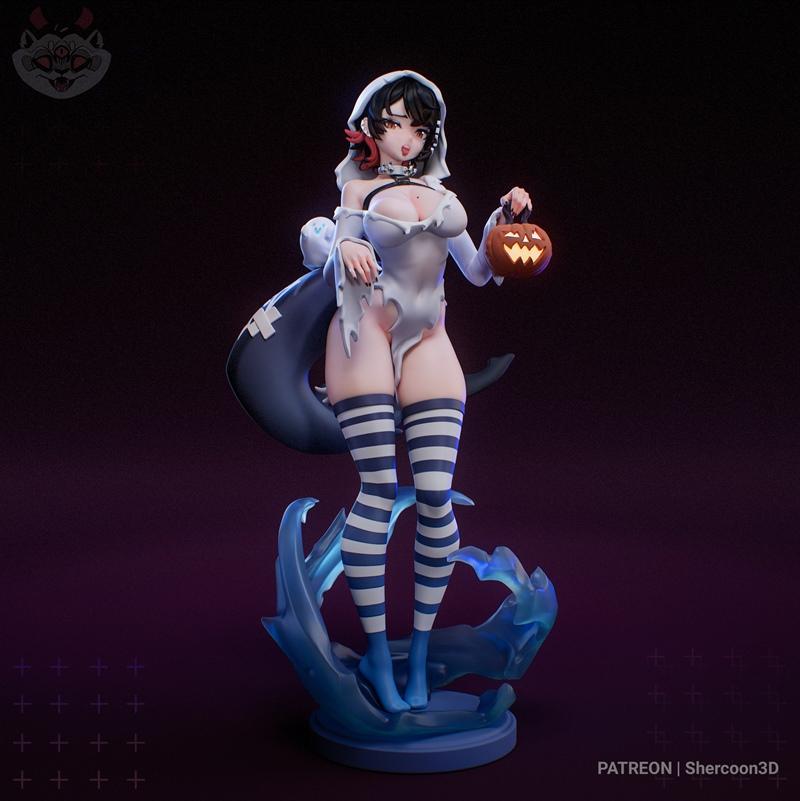 Ellen Joe Ghost 3D model in a ripped white ghost costume with a hooded cloak, holding a jack-o'-lantern. She wears st...