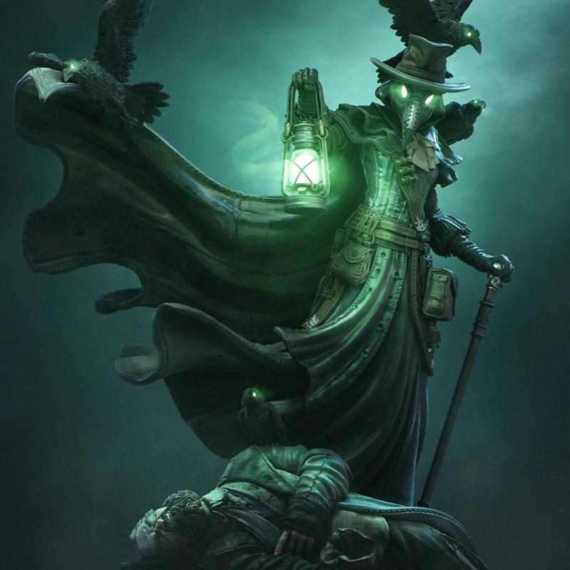Nerikson Plague Doctor 3D model figure with glowing green mask and lantern, wearing a wide-brimmed hat and flowing cl...