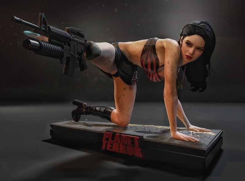 3D model figure of Cherry from Planet Terror in a low crouch, holding an assault rifle with grenade launcher, wearing...