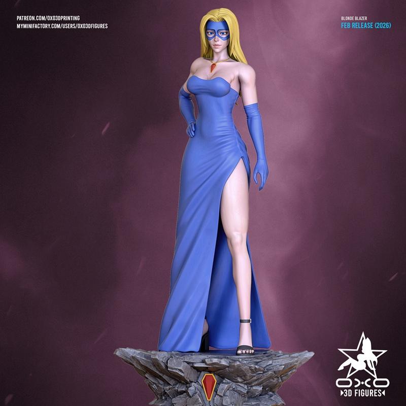3D model of Blonde Blazer character by OXO3D Figures, wearing a blue strapless gown with high slit, blue gloves, and...