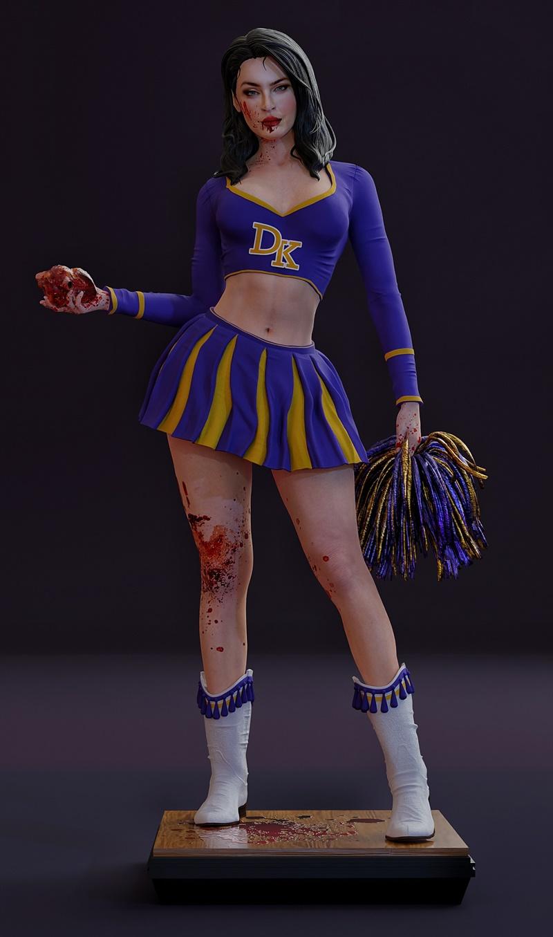 3D model of a bloody cheerleader named Jennifer, holding a heart and pom-pom, wearing a purple and yellow uniform.