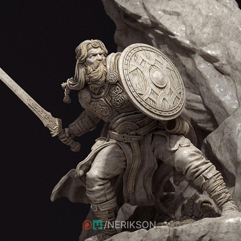 Beowulf warrior figure in dynamic pose, holding sword and shield, wearing ornate armor and helmet, detailed beard and...
