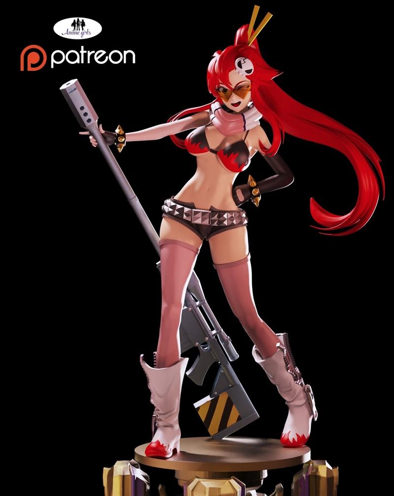 3D model of Yoko Littner from Tengen Toppa Gurren Lagann, wearing a bikini and holding a sniper rifle, with flowing r...
