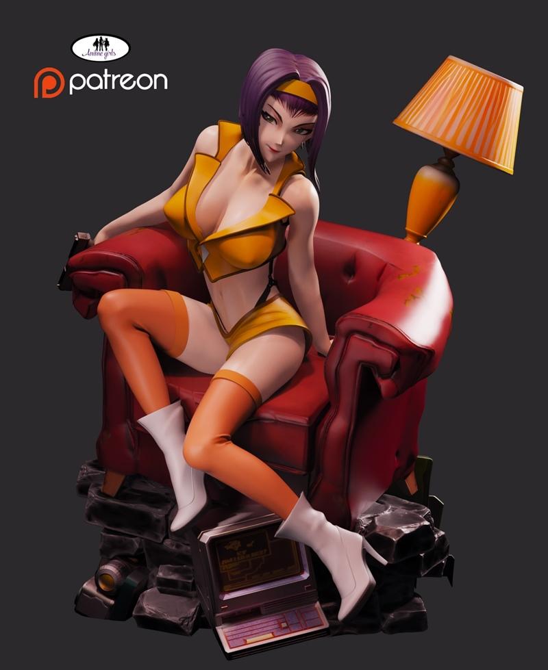 Faye Valentine from Cowboy Bebop sitting on a red armchair, wearing a yellow outfit, orange stockings, and white boot...