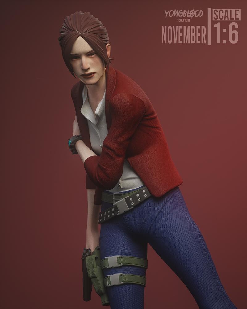 Claire Redfield figure in a red jacket and blue pants, holding a pistol, 1:6 scale, by Yongblood Sculpture.