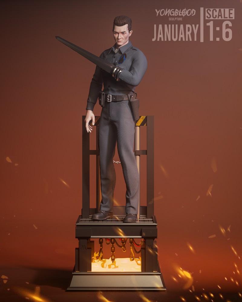 1:6 scale 3D model of T-1000 from Terminator, holding a blade, wearing a police uniform, standing on a detailed base...