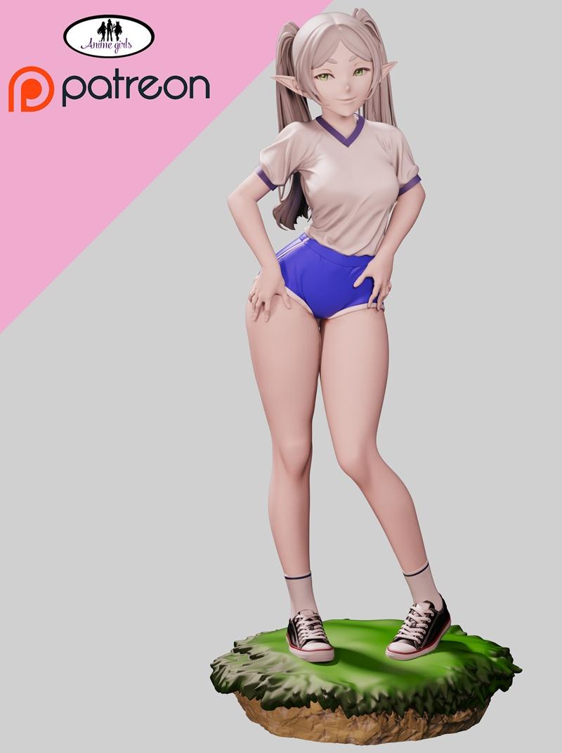 3D model figure of Frieren from Frieren: Beyond Journey's End, wearing a t-shirt and athletic shorts, with twin-tail...