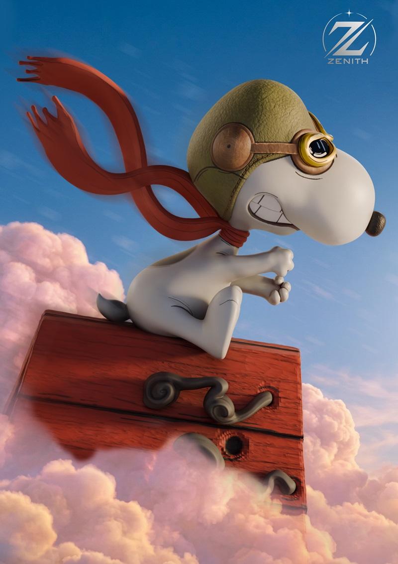 Snoopy as an aviator, ready for flight, wearing a pilot's hat and goggles, perched on a wooden crate with fluffy clou...