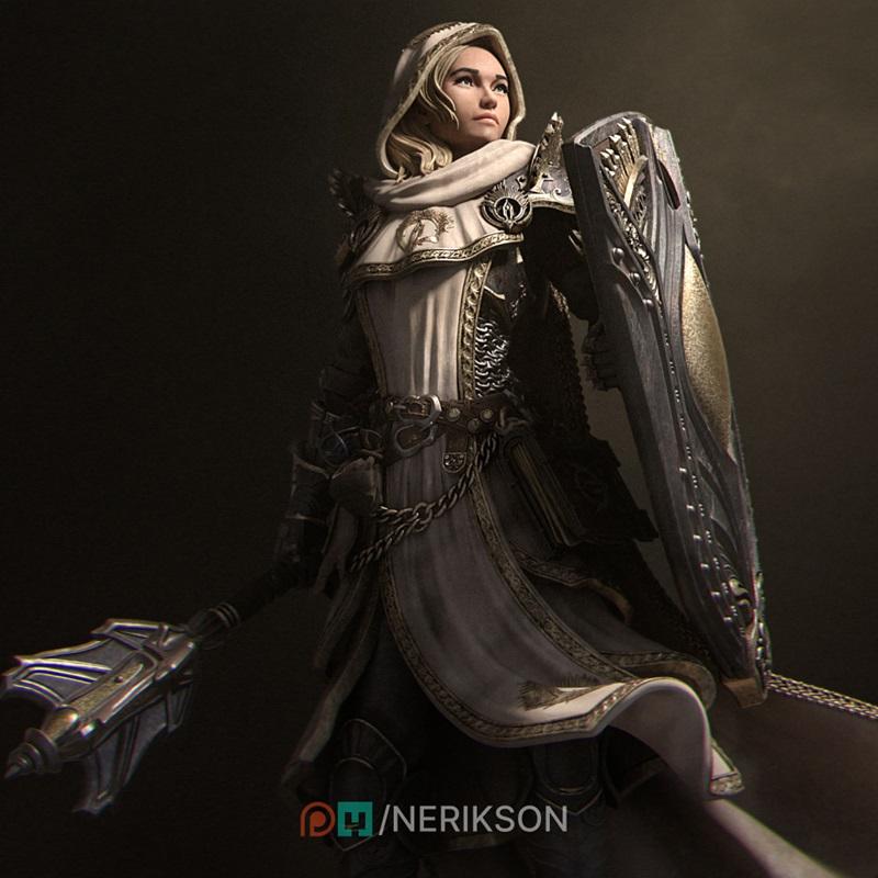 3D model of Madeleine, a female cleric in ornate armor, holding a shield and mace. She wears a hooded cloak and chain...