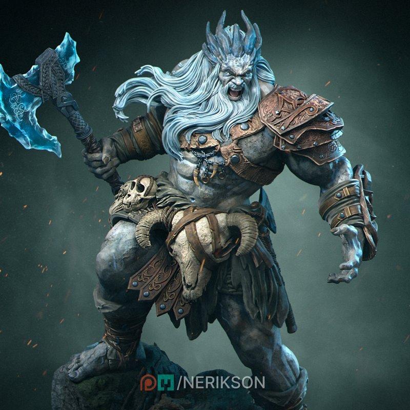 Stone Giant figure with long white hair and beard, wearing ornate armor and a ram skull, wielding a glowing blue axe....