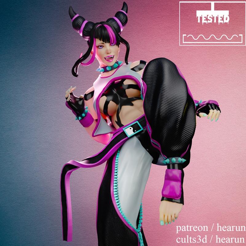 Juri Han from Street Fighter in a dynamic combat pose, wearing a revealing outfit with black and pink accents, spiked...