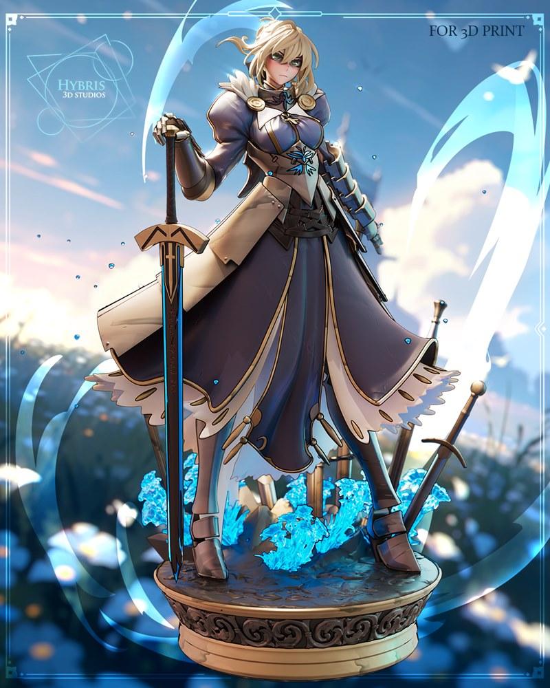 Saber from Fate franchise figure, holding a sword, wearing blue and gold armor, standing on a base with swords and bl...