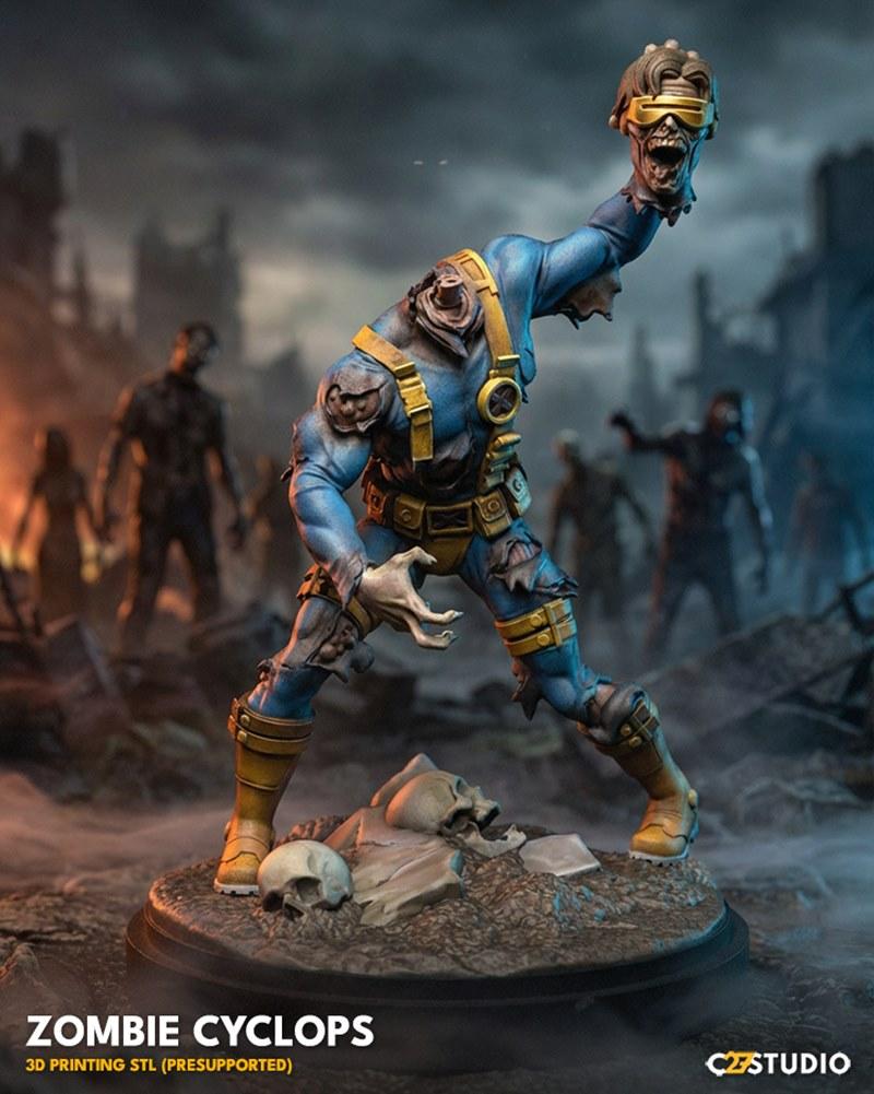 Zombie Cyclops 3D print model by C27 Minis, holding its severed head, wearing tattered blue and yellow costume, stand...