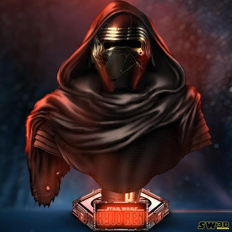 3D printable bust of Kylo Ren from Star Wars, featuring his cracked helmet and hooded cloak on a themed base.