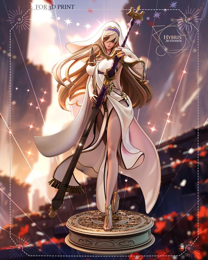 Hybris Studio 3D model of Sword Maiden from Goblin Slayer, wearing a white hooded robe and holding a staff with scale...
