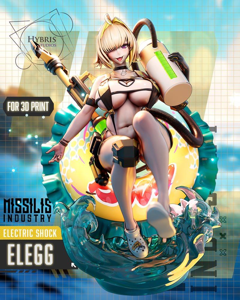Elegg from Nikke Goddess of Victory by Hybris Studio, sitting in a revealing swimsuit with a large weapon, on a water...