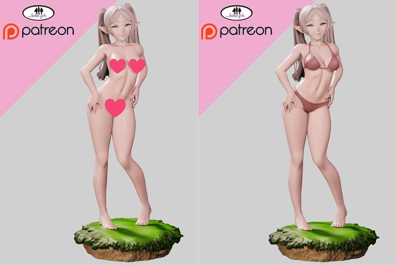 3D model of Frieren from Frieren: Beyond Journey's End, shown in a bikini and an uncensored version, standing on a gr...