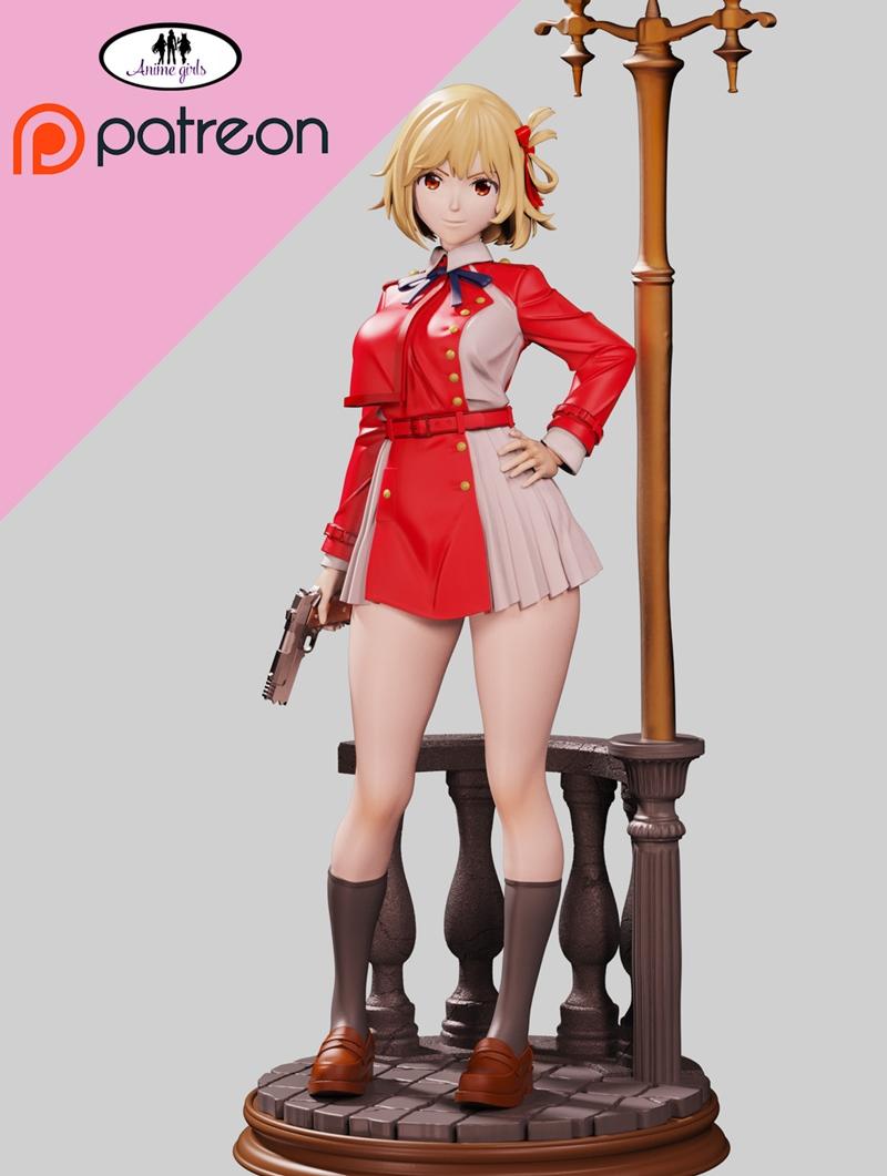 Chisato Standart anime-style 3D model figure, wearing a red jacket, white shirt, blue bow tie, and pleated skirt, hol...