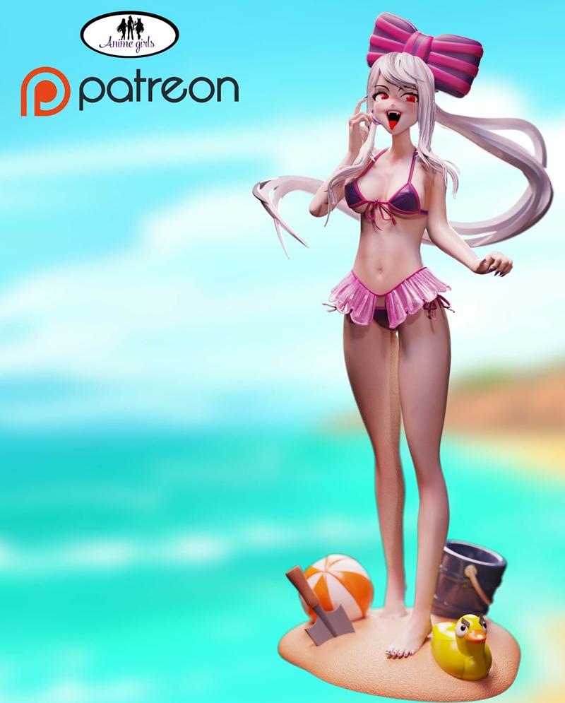 Shalltear Bloodfallen anime figure in a pink bikini and large bow, standing on a beach base with toys. Vampire charac...
