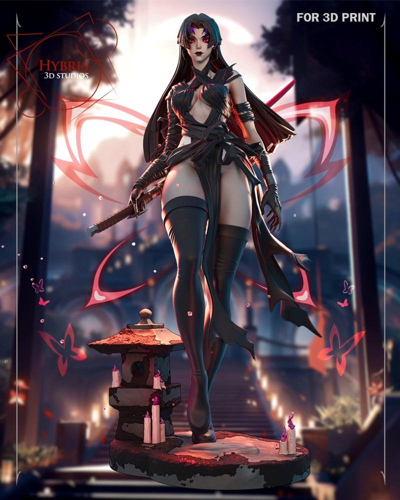 Psylocke figure by Hybris Studio, wearing a dark, revealing outfit and thigh-high boots, holding a katana. She stands...