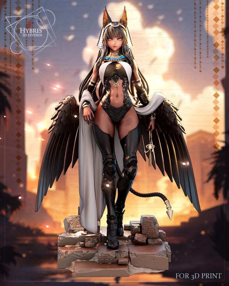 Female figure with jackal ears and large black wings, wearing futuristic armor and a white cape. Standing on a stone...