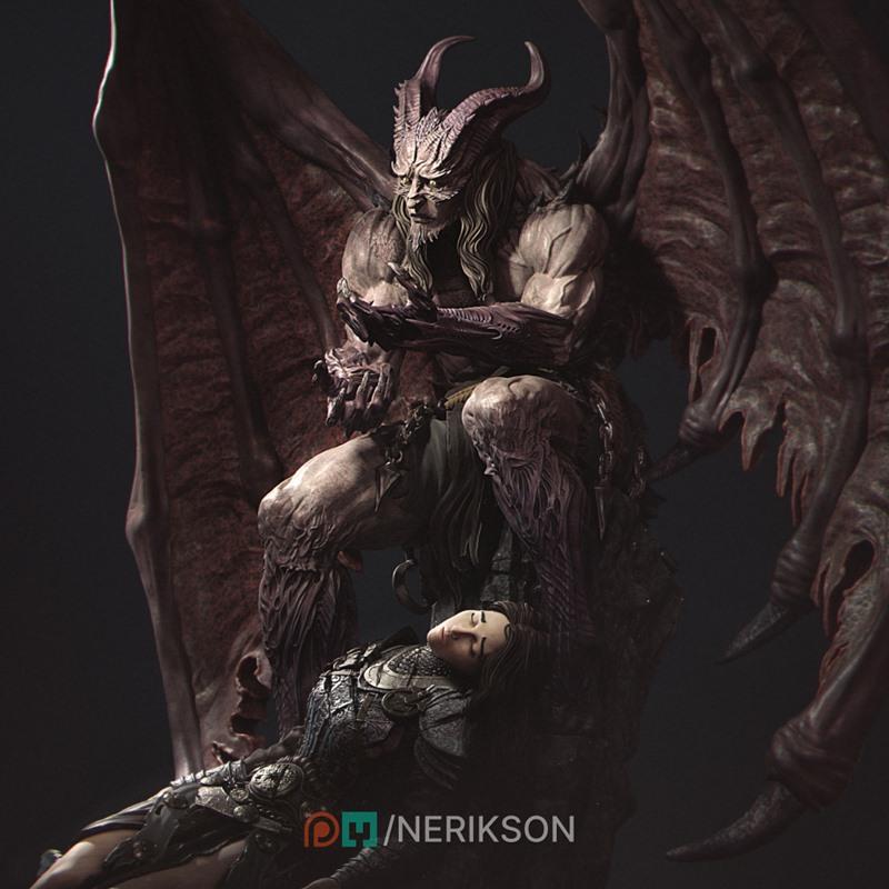 Demon with large wings and horns sits on a rock, holding a fallen armored human figure below.