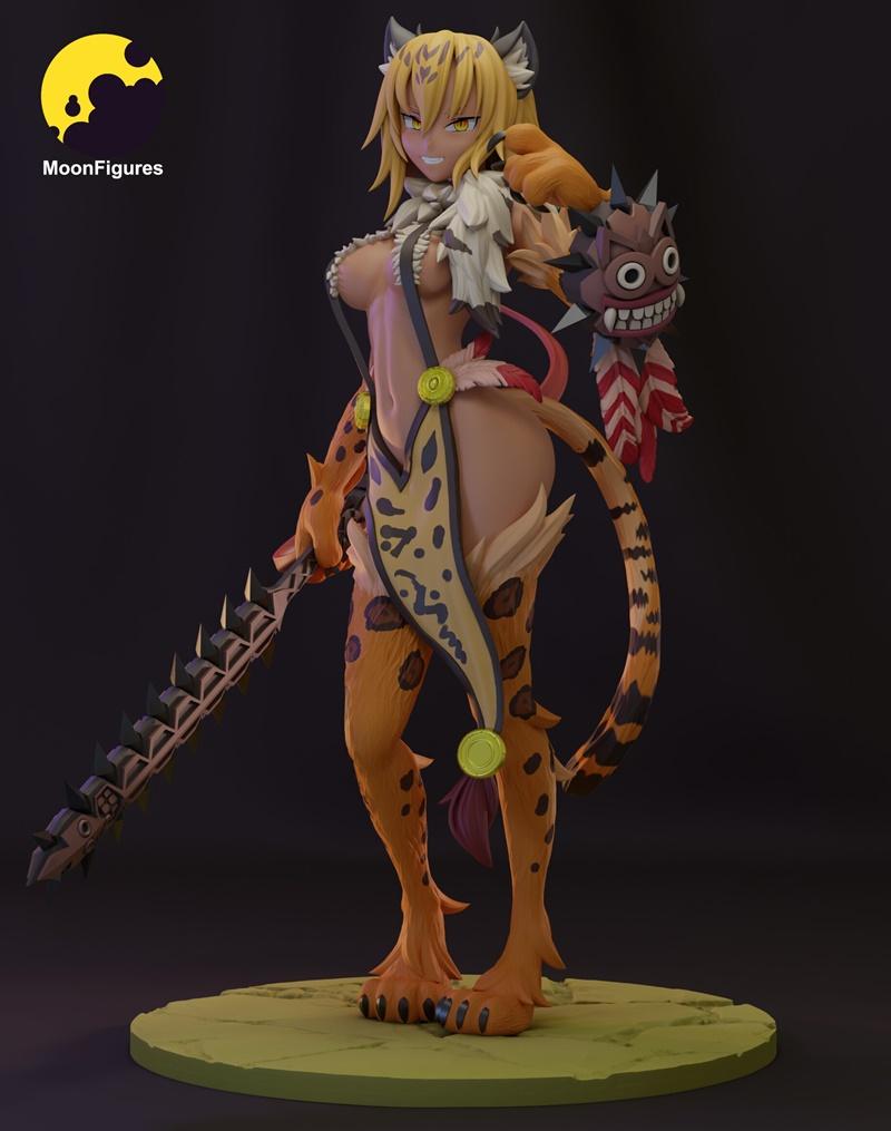 MoonFigures Ocelomeh 3D model: anime-style female cheetah-person with tribal outfit, holding a spiky weapon and a mask.
