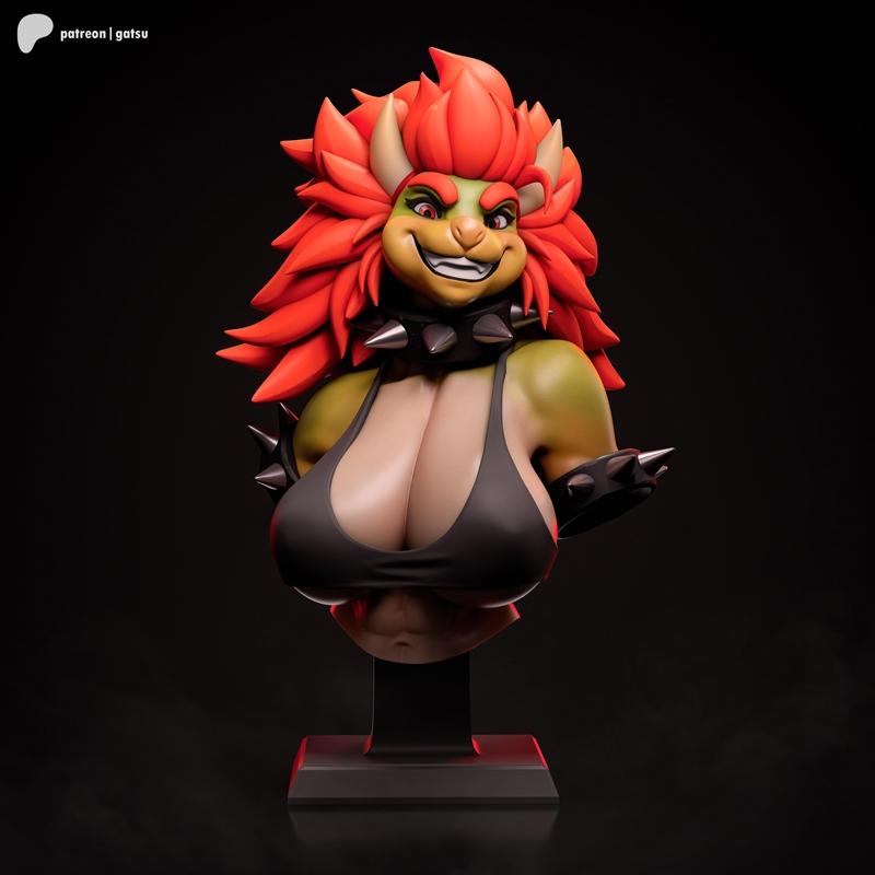 Bowsette bust 3D model by Gatsu Studios, featuring red hair, green skin, spiked collar and armbands, and a revealing...