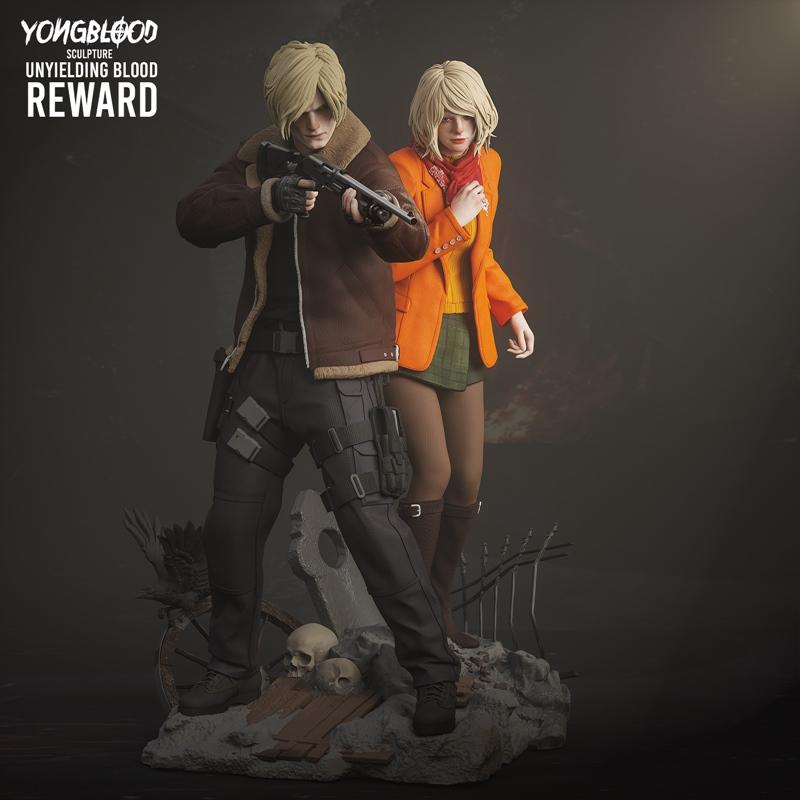 3D model diorama of Leon S. Kennedy holding a rifle and Ashley Graham standing beside him, on a rocky base with skull...