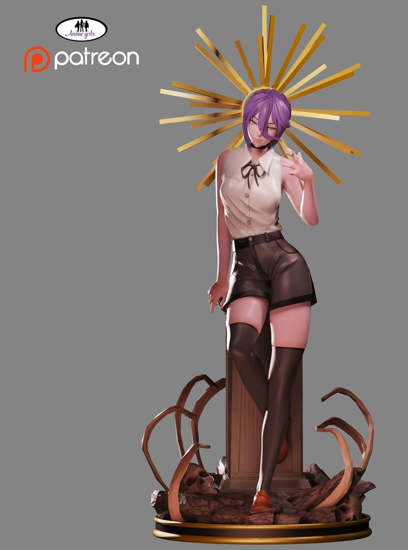 Reze from Chainsaw Man 3D print model, wearing a white shirt, black shorts, and thigh-highs, standing on a base with...