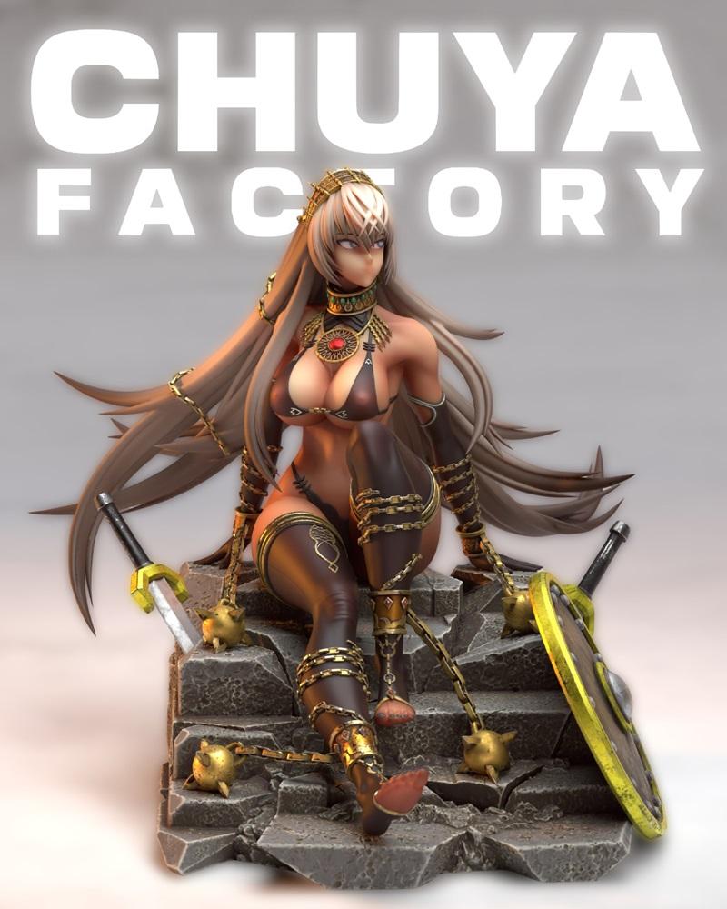 Zenobia figure by Chuya Factory, seated on rocks, wearing revealing armor with chains, holding a shield and sword, fa...