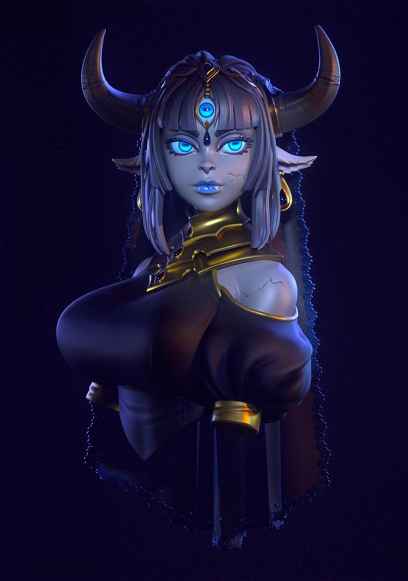 Bust of Jinn Hunter Amara with large horns, glowing blue eyes, and ornate gold armor against a dark background.