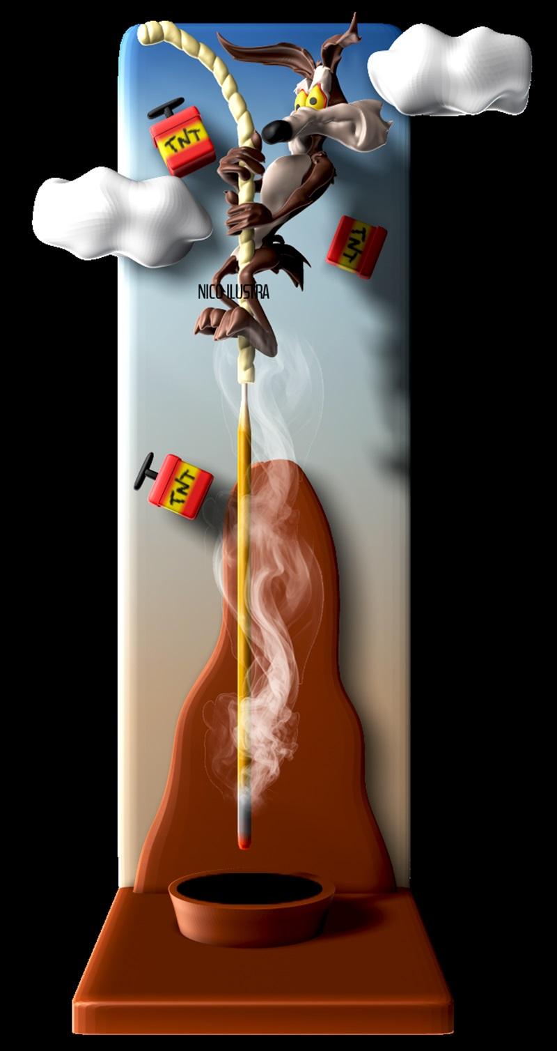 Wile E. Coyote hanging from a rope, with TNT blocks and clouds, holding a pencil that emits smoke over a brown base,...