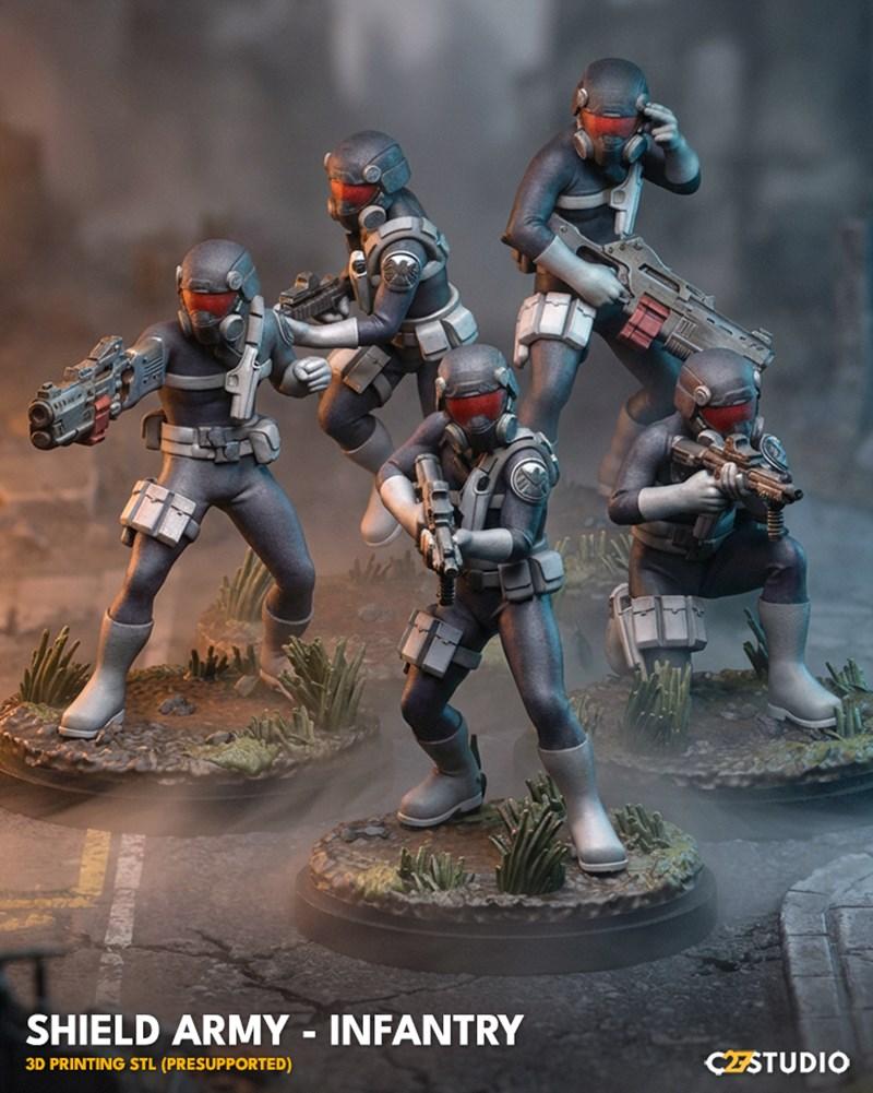 Five SHIELD Army infantry figures in tactical gear and helmets with red visors, holding futuristic weapons, posed dyn...