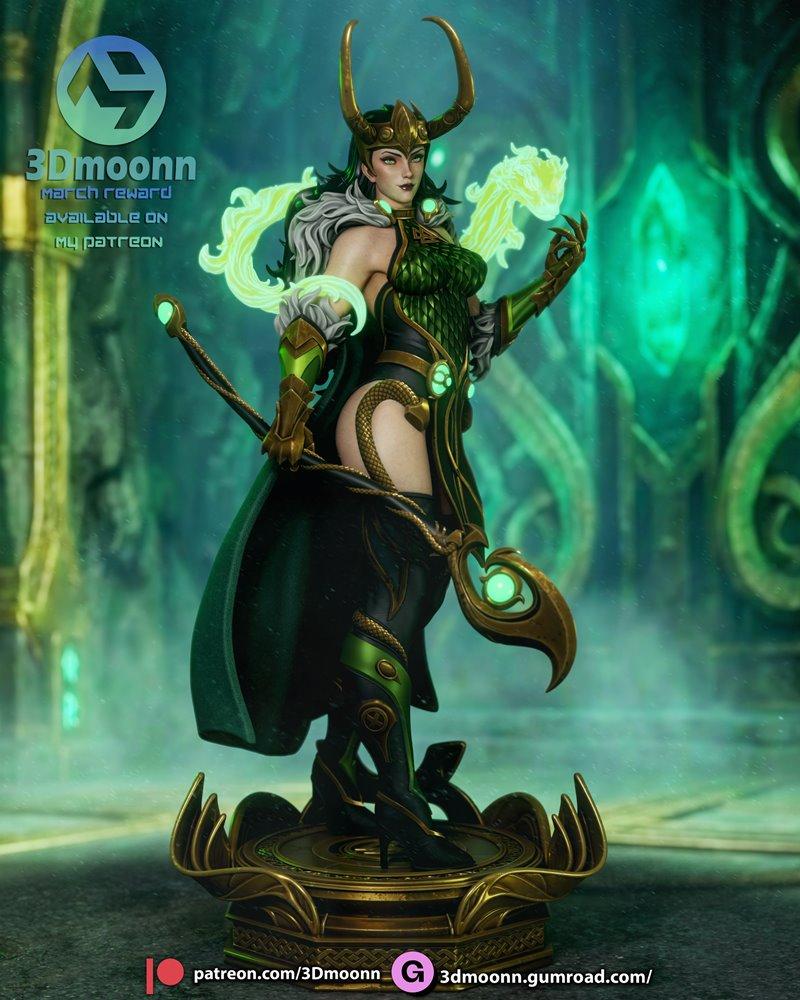 3Dmoonn Lady Loki figure with horned helmet, green armor, and staff, surrounded by green energy, on an ornate base.