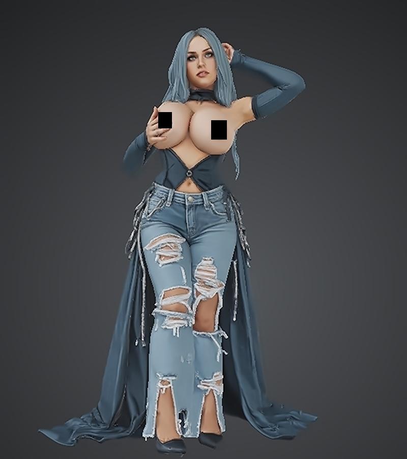 3D model of a woman with blue hair wearing ripped jeans, a dark top, and a flowing cape, with one hand to her head an...