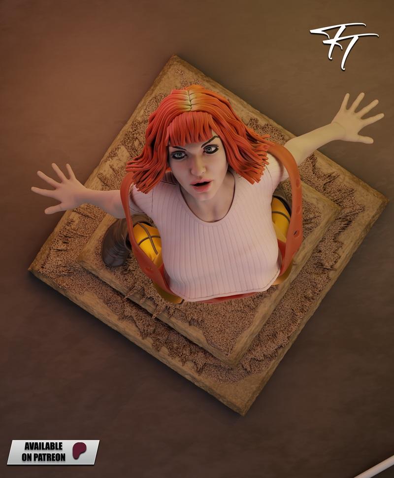 3D model of Leeloo from The Fifth Element, emerging from a square base, with orange hair and a surprised expression.