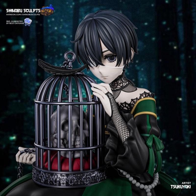 3D printable figure of Ciel by Shinobu Sculpts, holding a gothic cage with a skull inside. Features black hair, ornat...