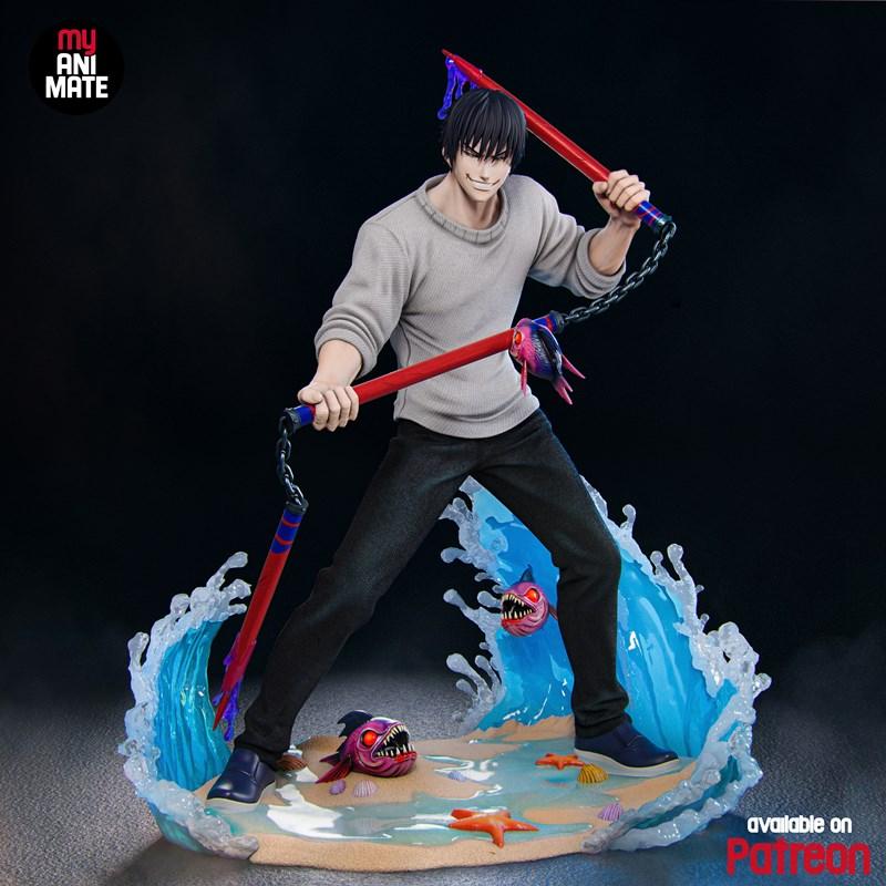 3D model of Toji from Jujutsu Kaisen on a beach base with waves and monster fish, holding a chain weapon.