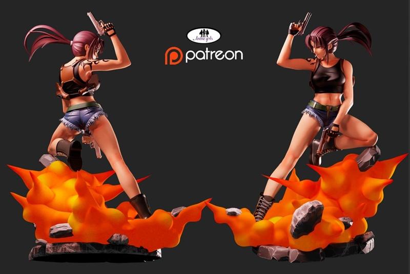 Revy from Black Lagoon 3D model, posed dynamically with two pistols amidst fiery explosions and rocks. She wears a bl...