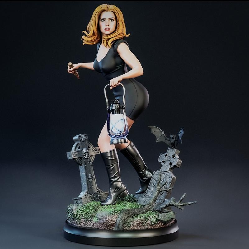 Buffy the Vampire Slayer 3D print model by BrunoArt3D, holding a lantern and stake in a graveyard with tombstones and...