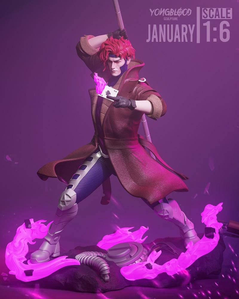 Gambit figure in a dynamic pose, holding playing cards with purple energy effects, wearing a trench coat and mask. Yo...