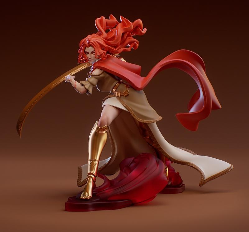 Malenia, Blade of Miquella, from Elden Ring, depicted as a 3D printable figure. She has flowing red hair, a red cape,...