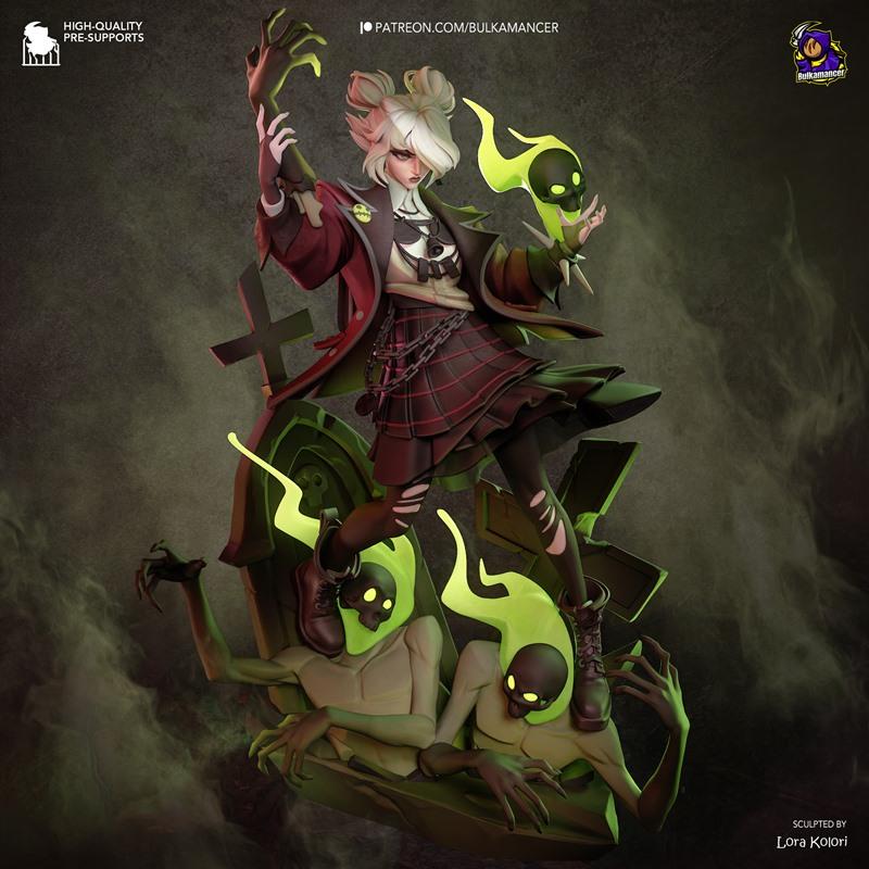 Gothic female character Deadlock from Graves, standing on tombstones with glowing green skulls and zombies, 3D model...